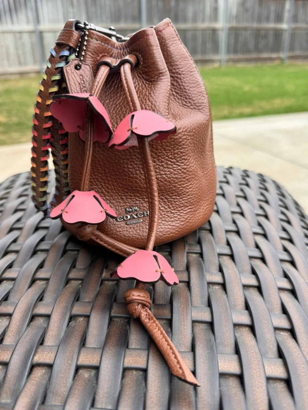 Coach Pebbled Leather Drawstring Bucket Bag Tea Rose petal wristlet pouch bag - Picture 2 of 10